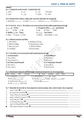 Bài tập ôn tập môn Tiếng anh lớp 3 - Unit 3 This is Tony